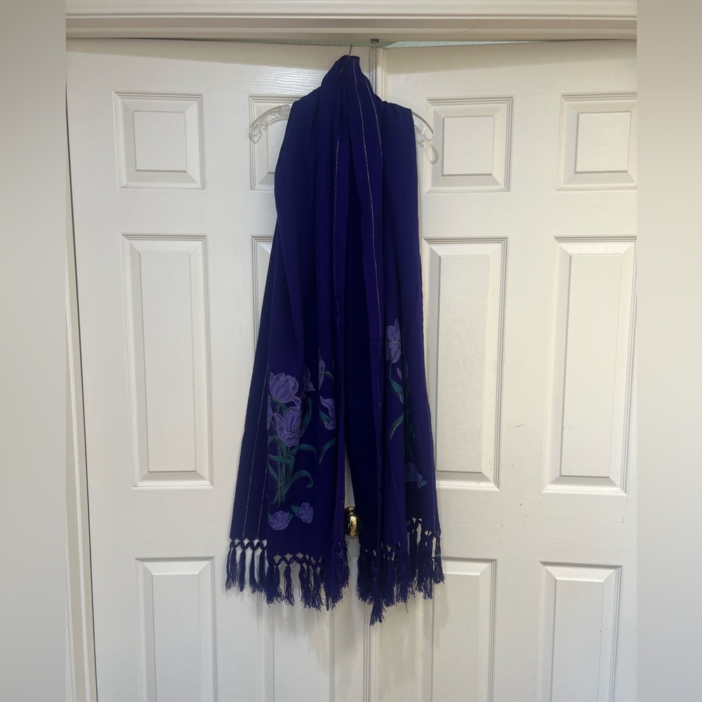Purple Hand painted Floral oversized Scarf fringe‎ boho hippie